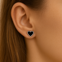 Sterling Silver Black Onyx Bezel Heart Stud Earrings