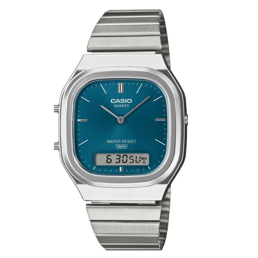 AQ-240E-3AEF Casio retro design steel bracelet green dial dual display watch front image AQ-240E-3AEF Casio retro design steel bracelet green dial dual display watch front image