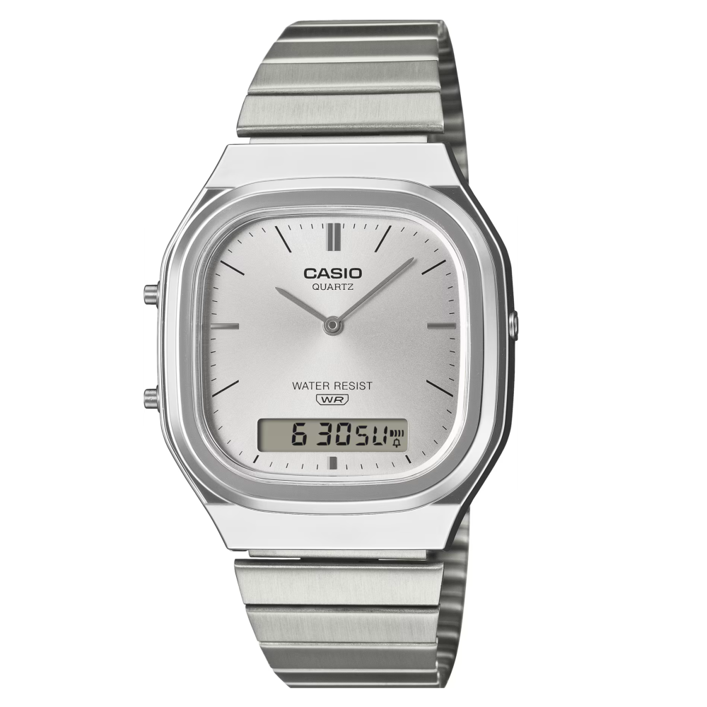 AQ-240E-7AEF Casio retro design steel bracelet silver dial dual display watch front image