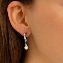 Sterling Silver Weave Drop Pearl Charm Hoop Earring