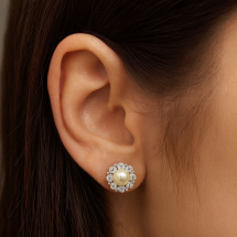 Sterling Silver CZ Halo Pearl Stud Earrings
