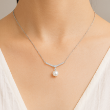 Sterling Silver Pearl And CZ Set Drop Necklace