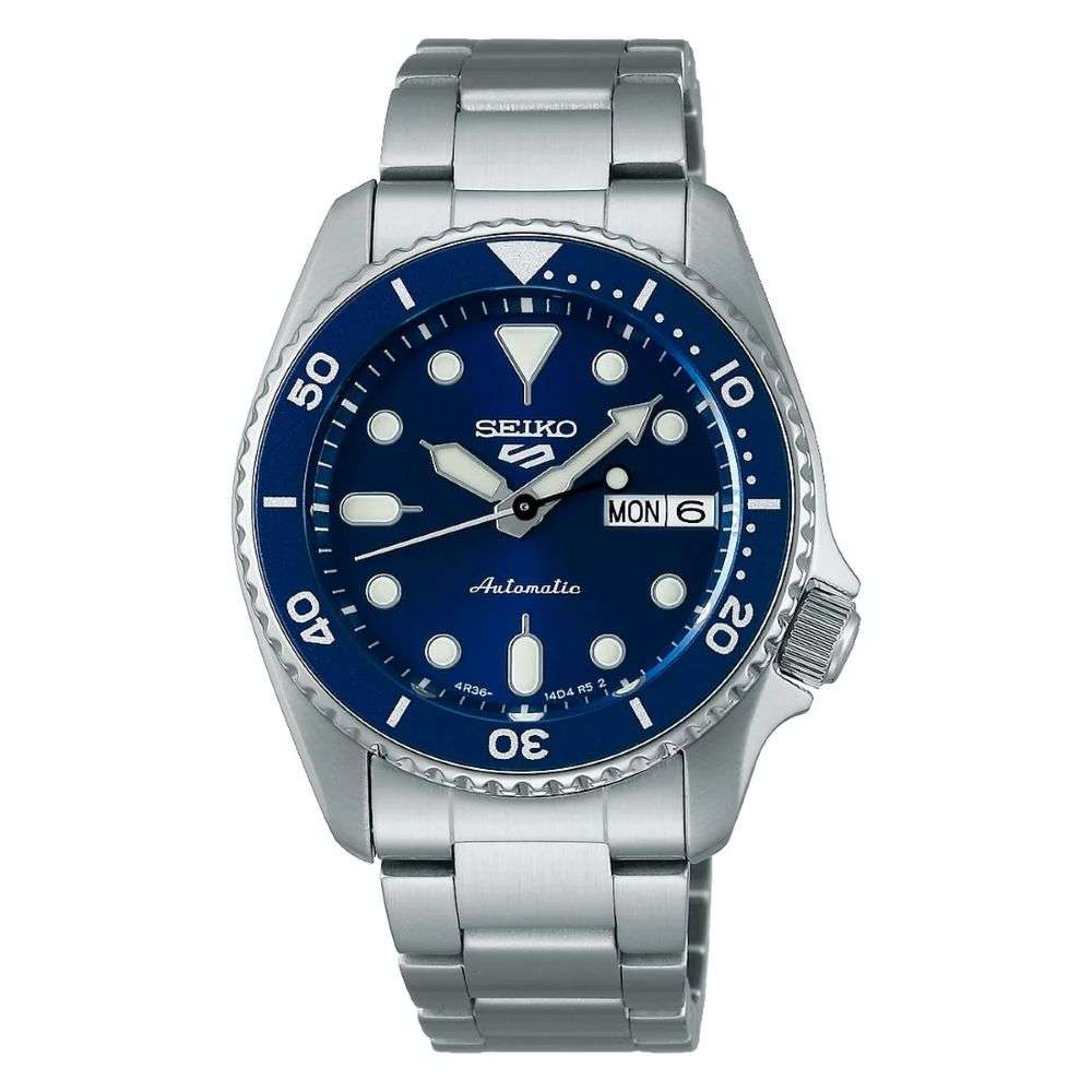 srpl77k1 Seiko 5 sports slx denim colour steel watch blue dial and bezel watch front image srpl77k1 Seiko 5 sports slx denim colour steel watch blue dial and bezel watch front image