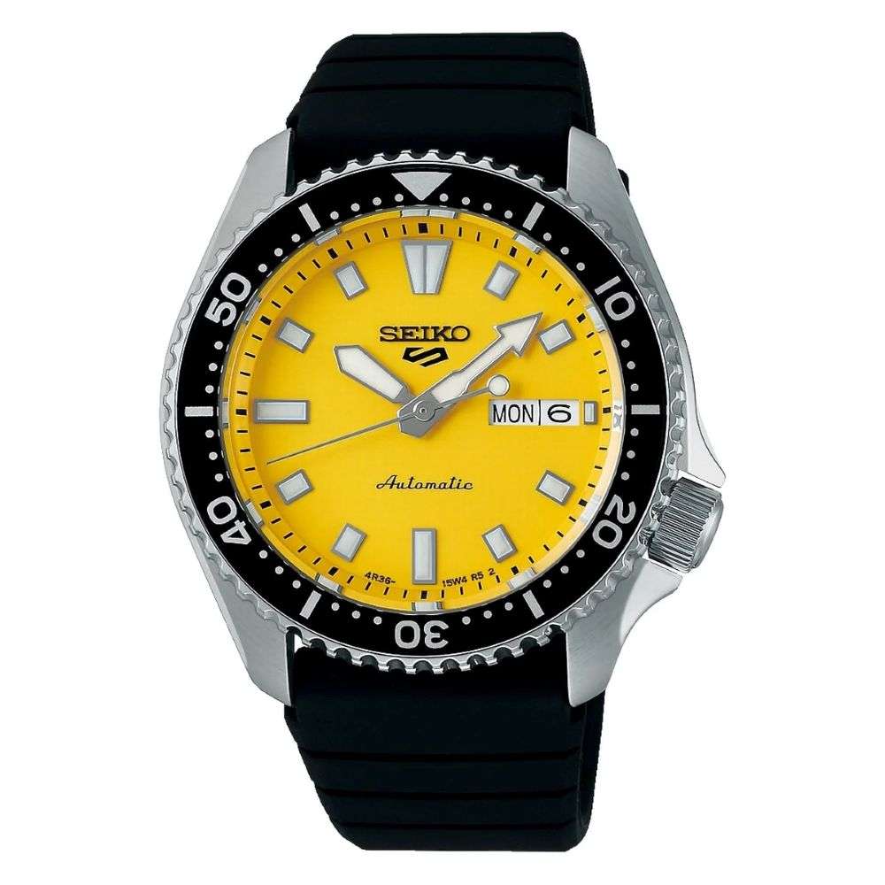 srpl87k1 seiko 5 sports skx redux Ki-Iro yellow dial watch front image srpl87k1 seiko 5 sports skx redux Ki-Iro yellow dial watch front image