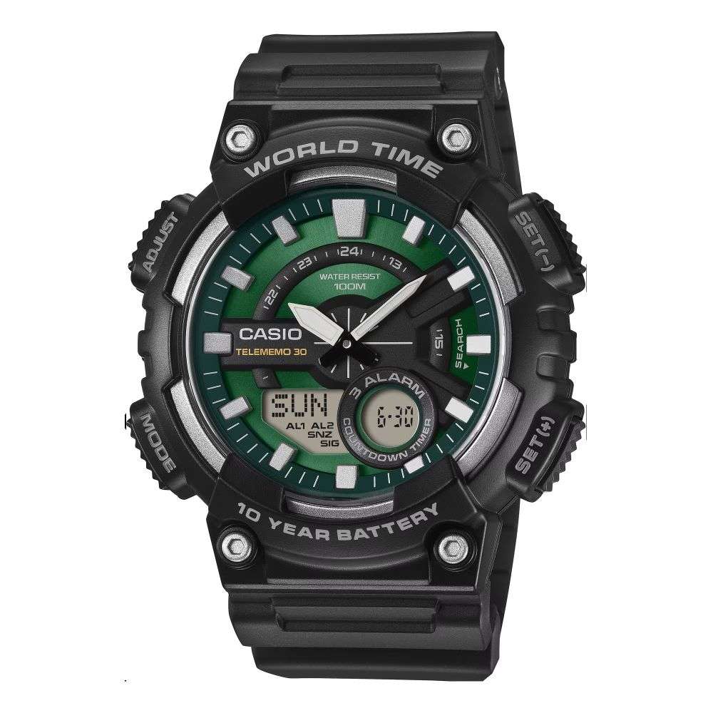 AEQ-110W-3A2VEF Casio black silicon world time green dial digital watch front image