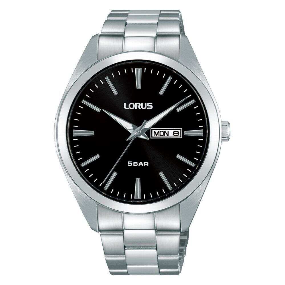 rj661ax9 lorus gents steel bracelet black dial watch front image rj661ax9 lorus gents steel bracelet black dial watch front image