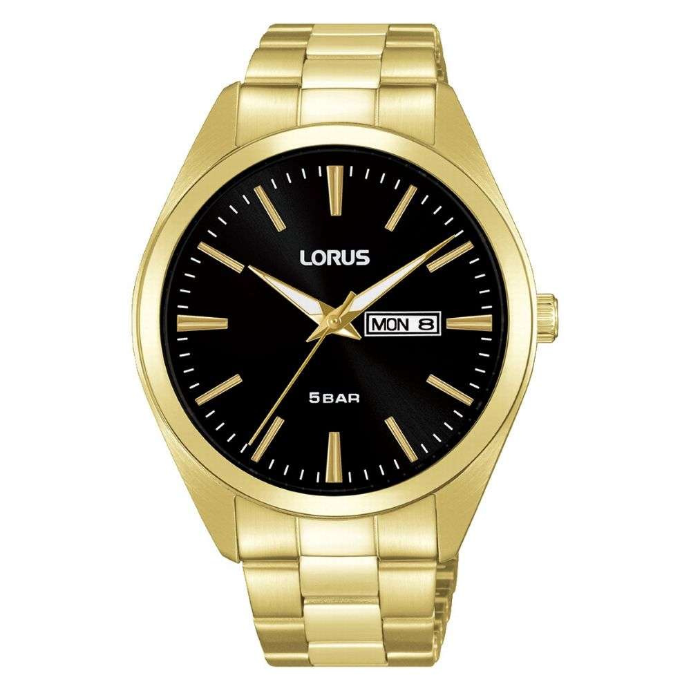 rj666ax9 lorus gents gold bracelet watch black dial front image rj666ax9 lorus gents gold bracelet watch black dial front image