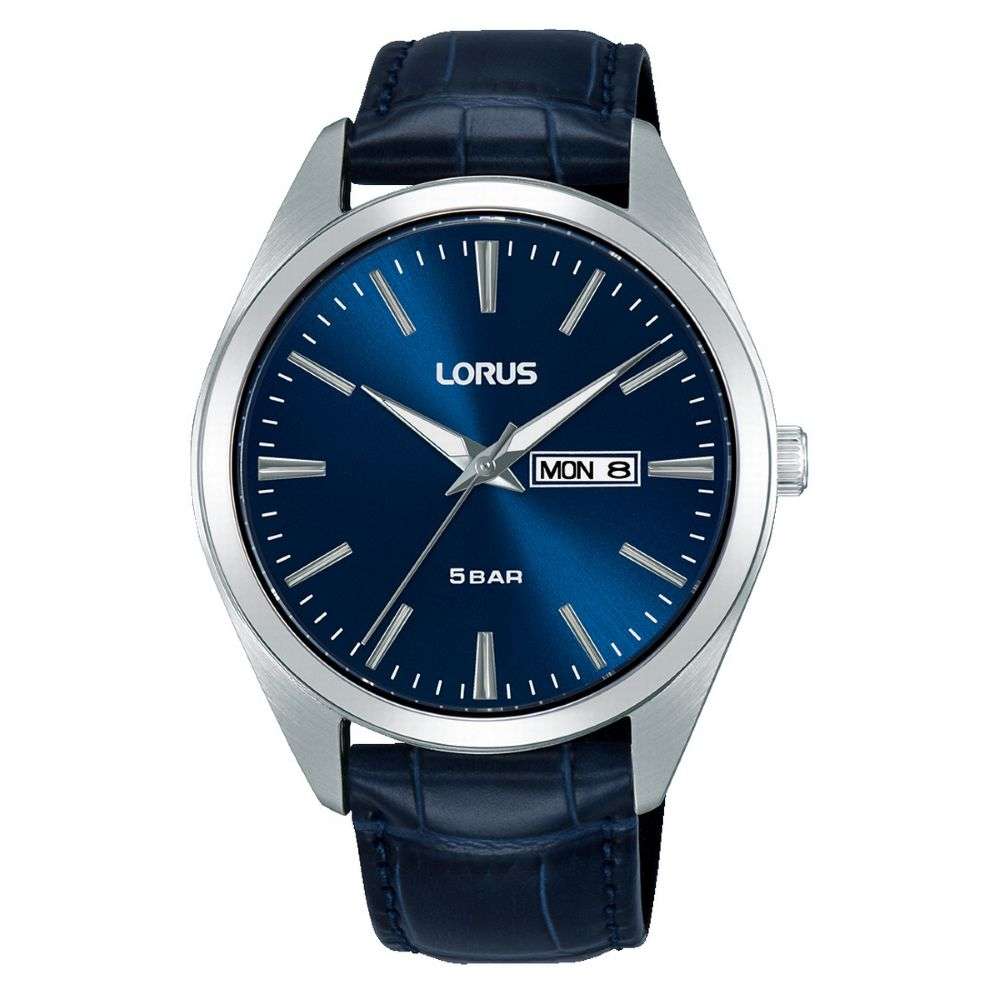 rj669ax9 lorus steel case blue dial leather strap watch front image