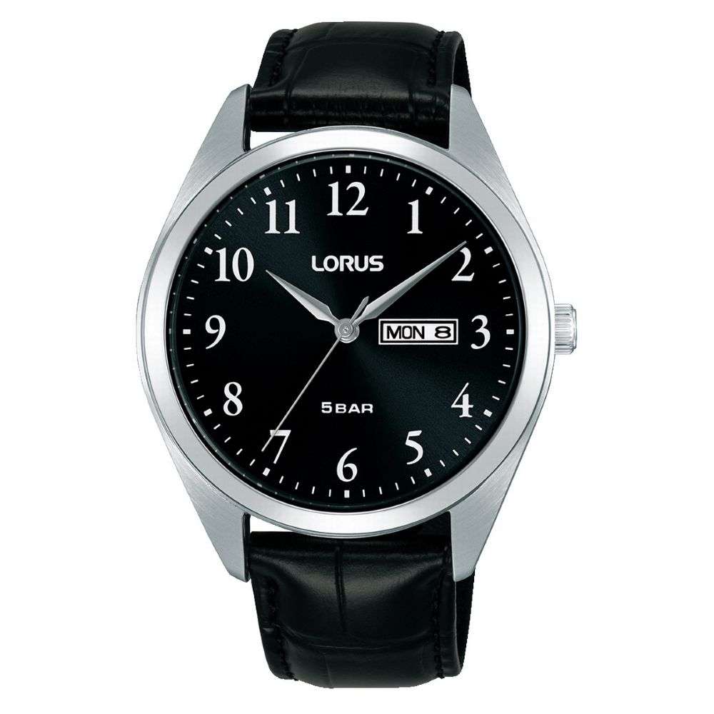rj671ax9 lorus steel case black dial and leather strap watch front image