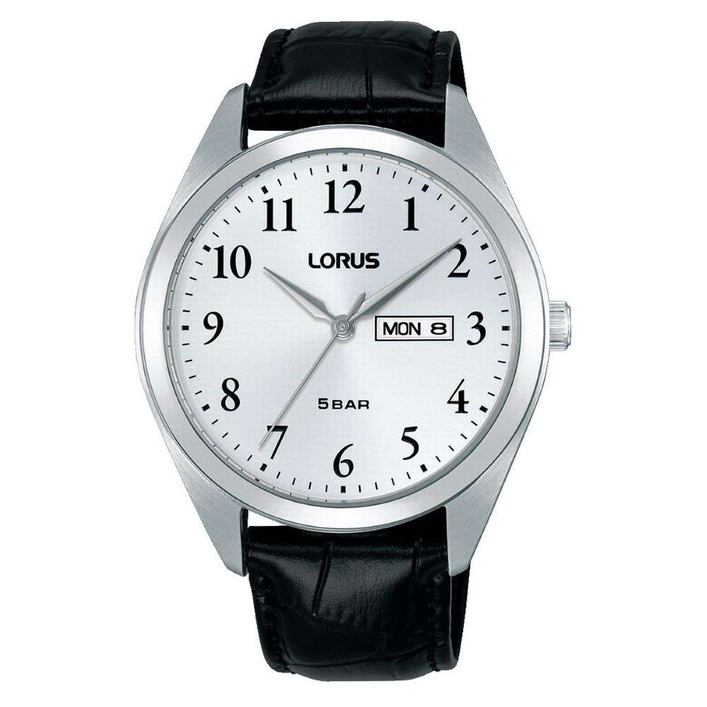 rj673ax9 lorus gents steel case silver dial leather strap watch front image rj673ax9 lorus gents steel case silver dial leather strap watch front image