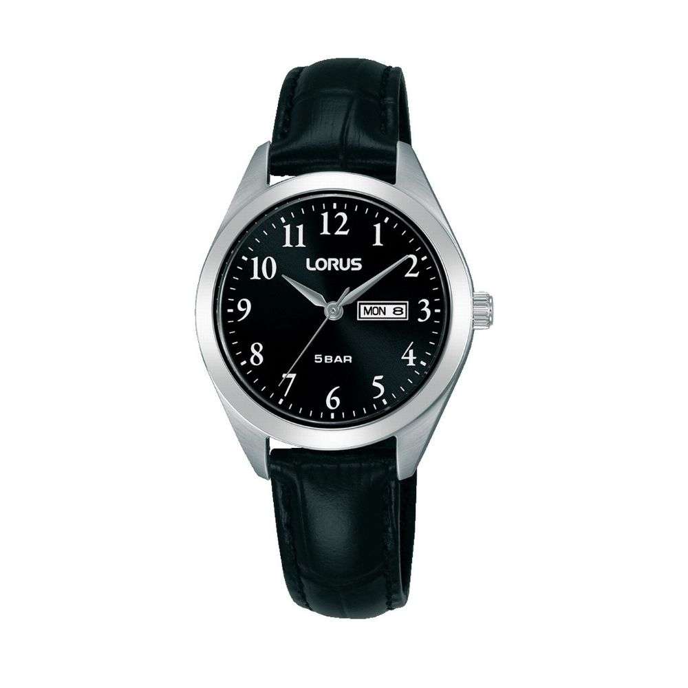 rn805ax9 lorus ladies steel case black dial and leather strap watch front image rn805ax9 lorus ladies steel case black dial and leather strap watch front image