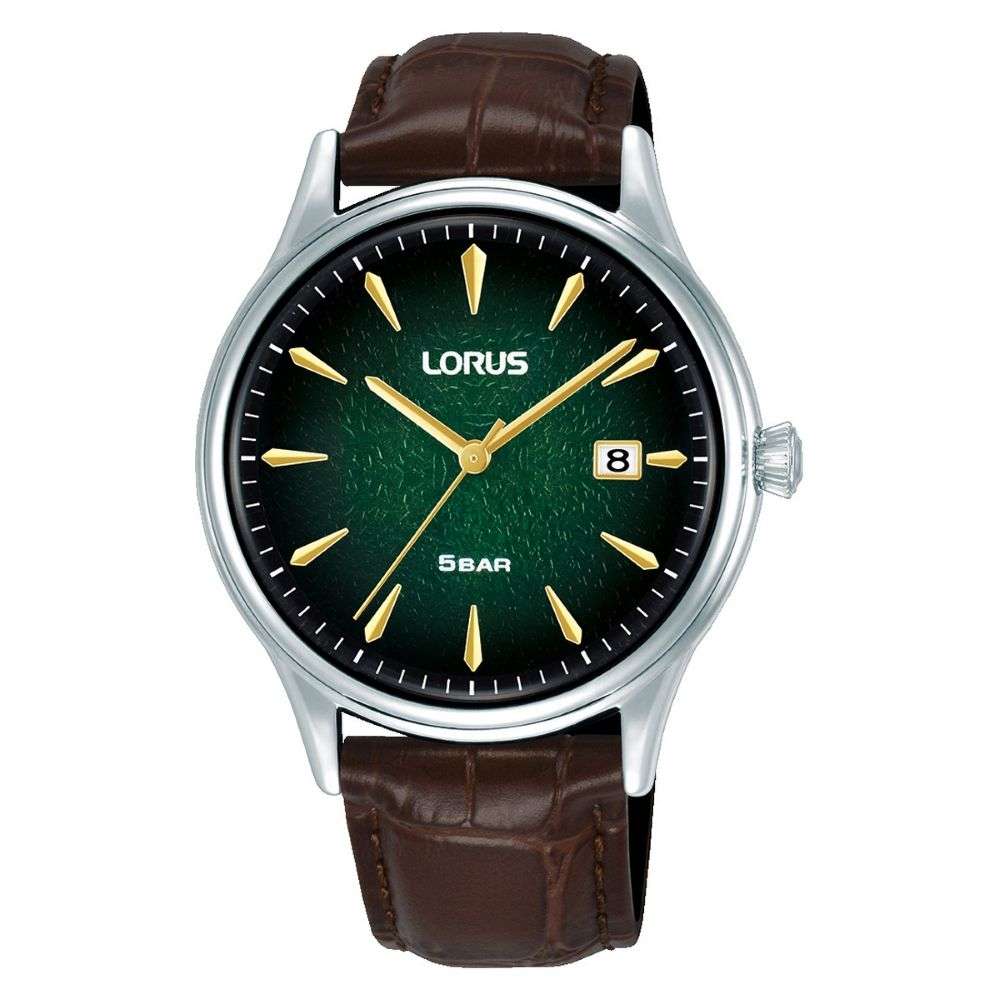 rs997dx9 lorus gents steel case green dial leather strap watch front image rs997dx9 lorus gents steel case green dial leather strap watch front image