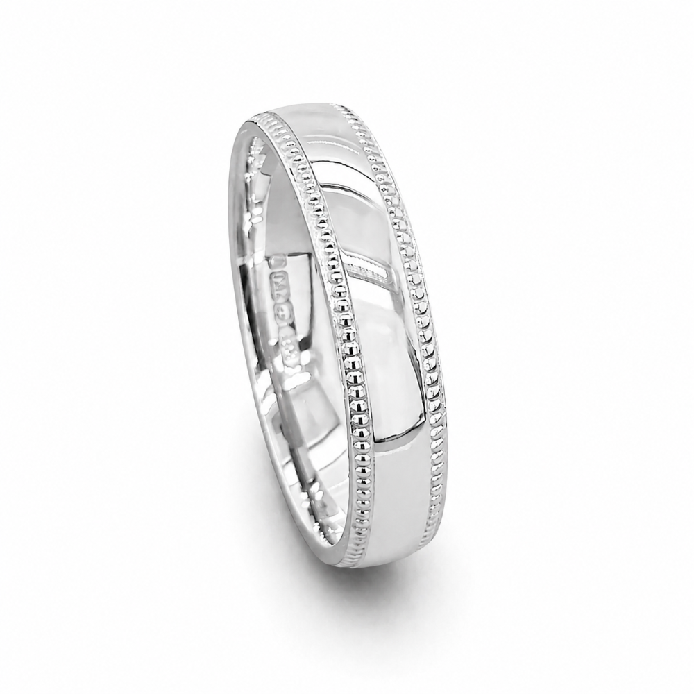 18KW-DC116-4MML 18ct white gold beaded edge trad court wedding band standing image.jpg 18KW-DC116-4MML 18ct white gold beaded edge trad court wedding band standing image.jpg