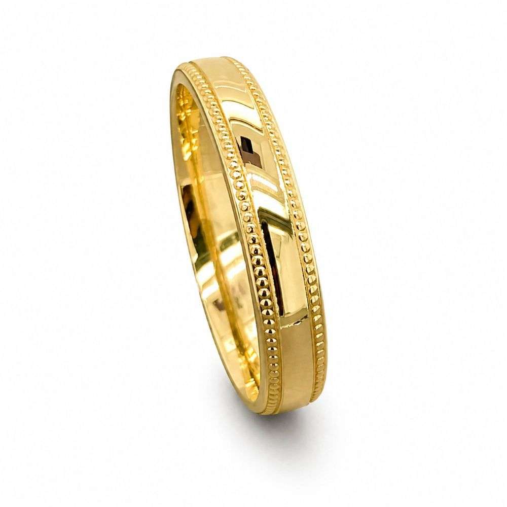 9KY-DC116-4MML 9ct yellow gold beaded edge trad court wedding band standing image 9KY-DC116-4MML 9ct yellow gold beaded edge trad court wedding band standing image