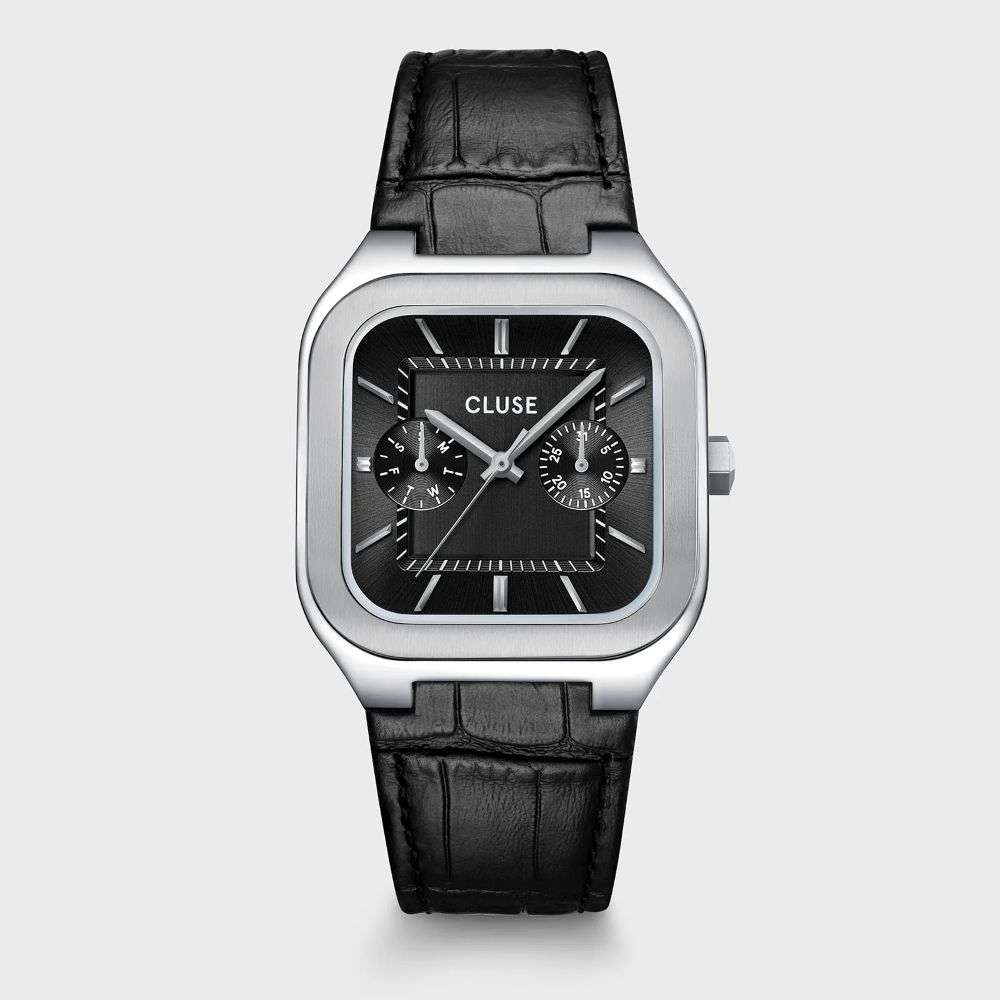 CW26203 cluse mens Quadrus Multifunction Watch Leather Black Silver Colour front image CW26203 cluse mens Quadrus Multifunction Watch Leather Black Silver Colour front image