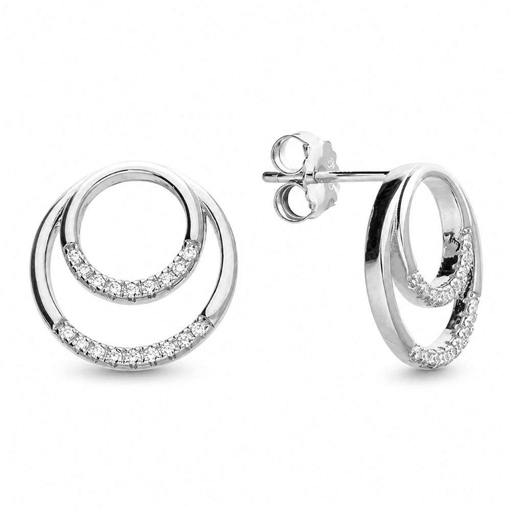 H7130-S Sterling silver cz and plain double circle earrings back image H7130-S Sterling silver cz and plain double circle earrings back image