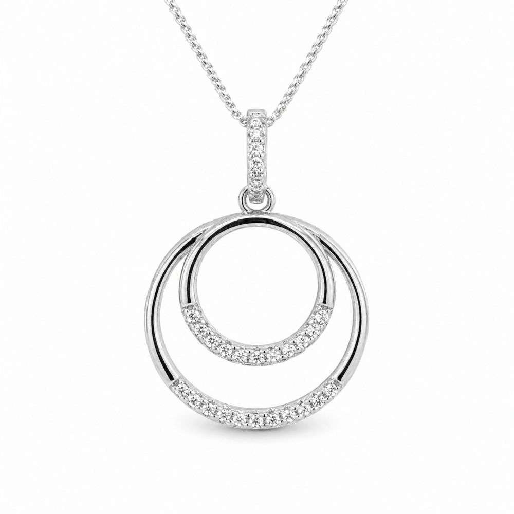 H7131-S Sterling silver cz and plain double circle pendant front image H7131-S Sterling silver cz and plain double circle pendant front image