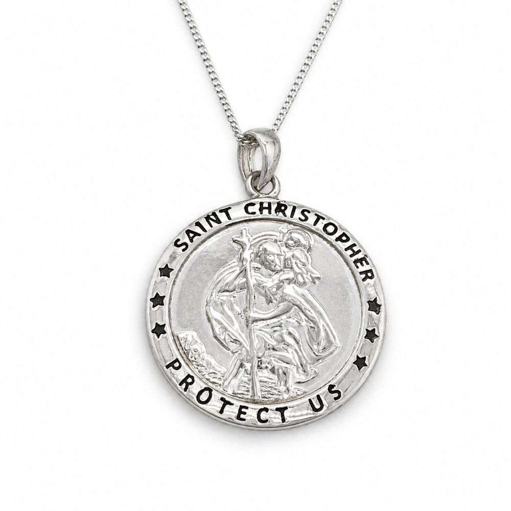 H7150-S Sterling silver 22mm wide St. Christopher medal and chain flat image H7150-S Sterling silver 22mm wide St. Christopher medal and chain flat image