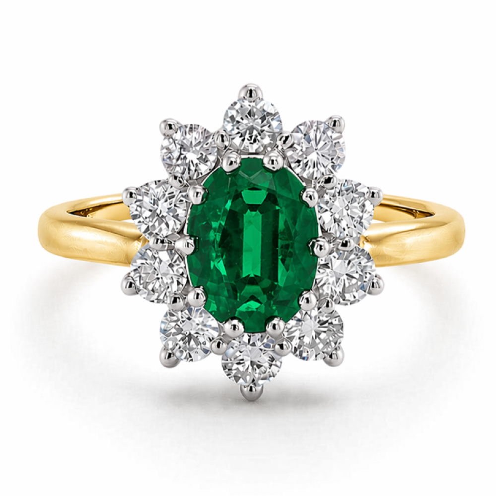 R663BE-18Y-18ct-yellow-gold-lab-1.65ct-emerald-75pts-diamond-cluster-ring-front-image R663BE-18Y-18ct-yellow-gold-lab-1.65ct-emerald-75pts-diamond-cluster-ring-front-image