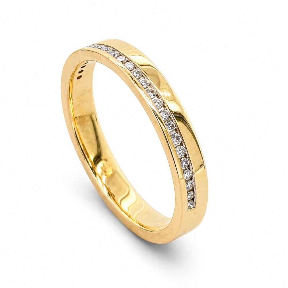 SKR14172-9Y-010 9ct yellow gold 10pts diamond off set channel wedding ring standing image SKR14172-9Y-010 9ct yellow gold 10pts diamond off set channel wedding ring standing image