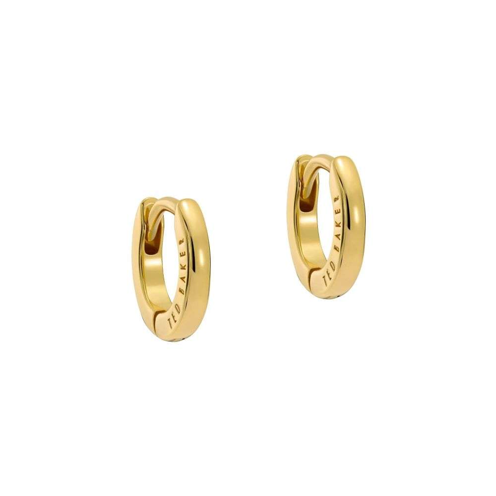 tbj3745-01-02 Ted Baker jewellery gold tone crisette 10mm hoop earrings model image tbj3745-01-02 Ted Baker jewellery gold tone crisette 10mm hoop earrings model image