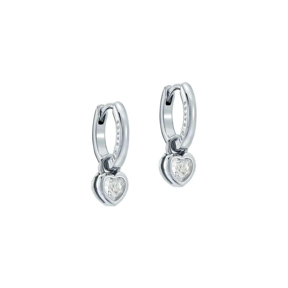 tbj4173-01-02 ted baker harper mini crystal heart huggie earrings silver tone clear crystal front image tbj4173-01-02 ted baker harper mini crystal heart huggie earrings silver tone clear crystal front image