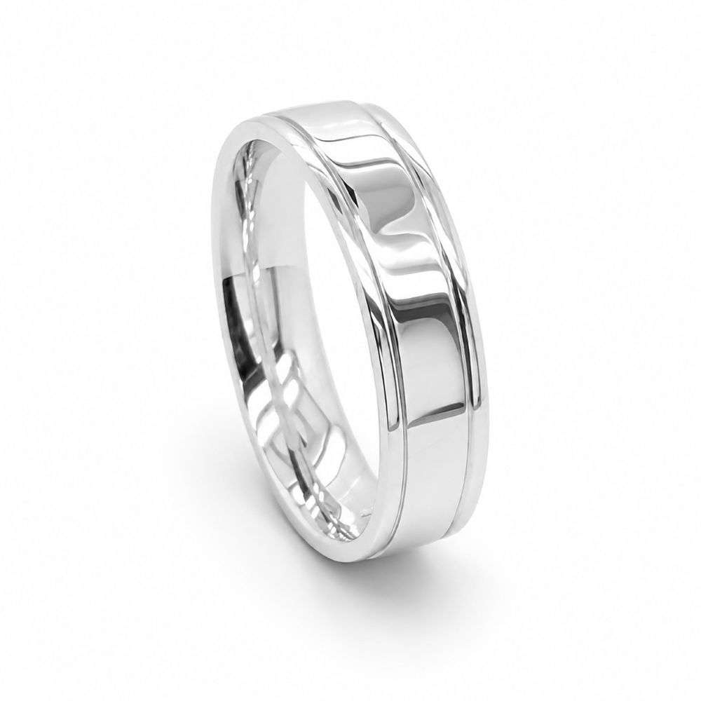DC105-ARG-5mm Argentium 5mm Flat Court Lined Edge Wedding Ring Front Image