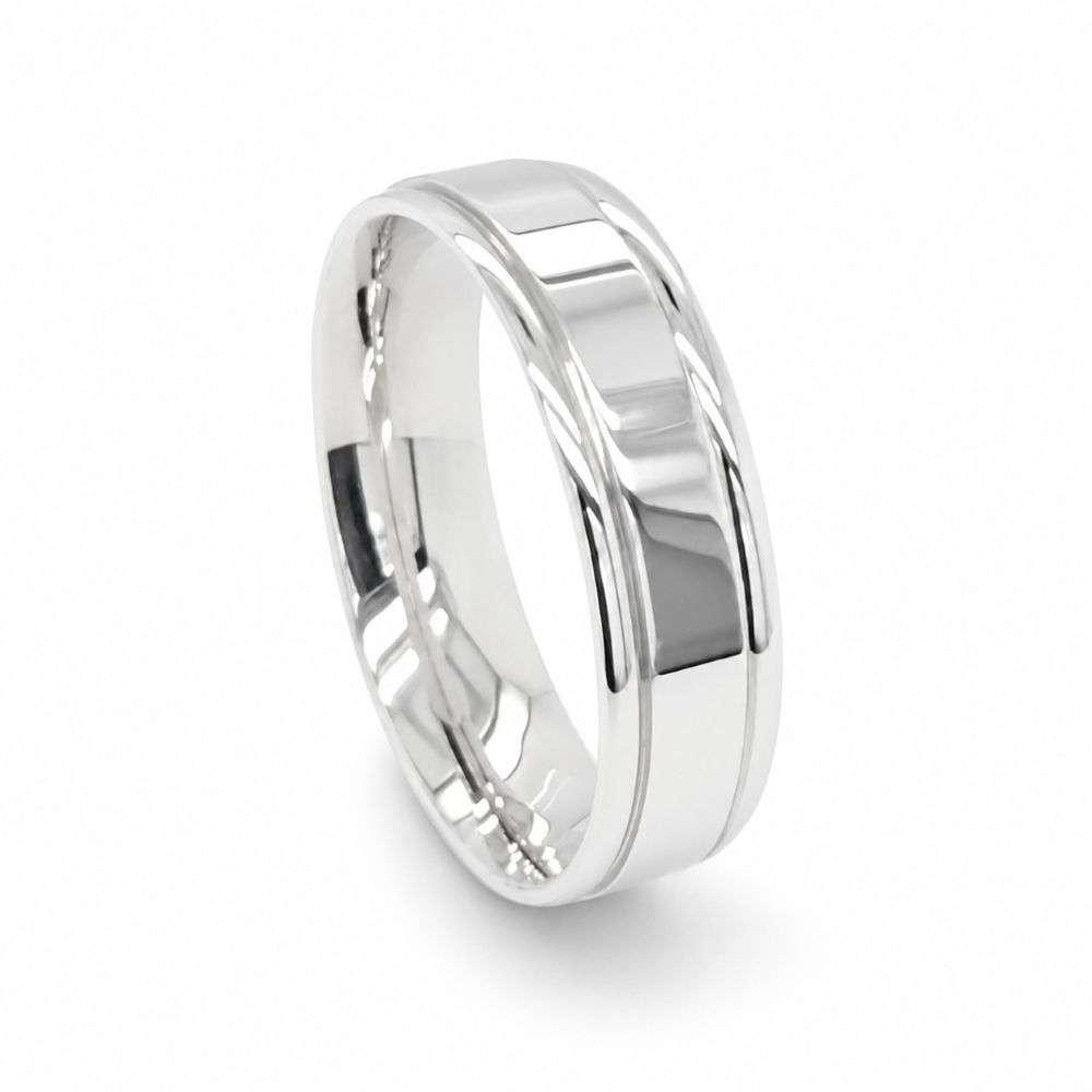 DC105-ARG-6mm Argentium 6mm Flat Court Lined Edge Wedding Ring Front Image