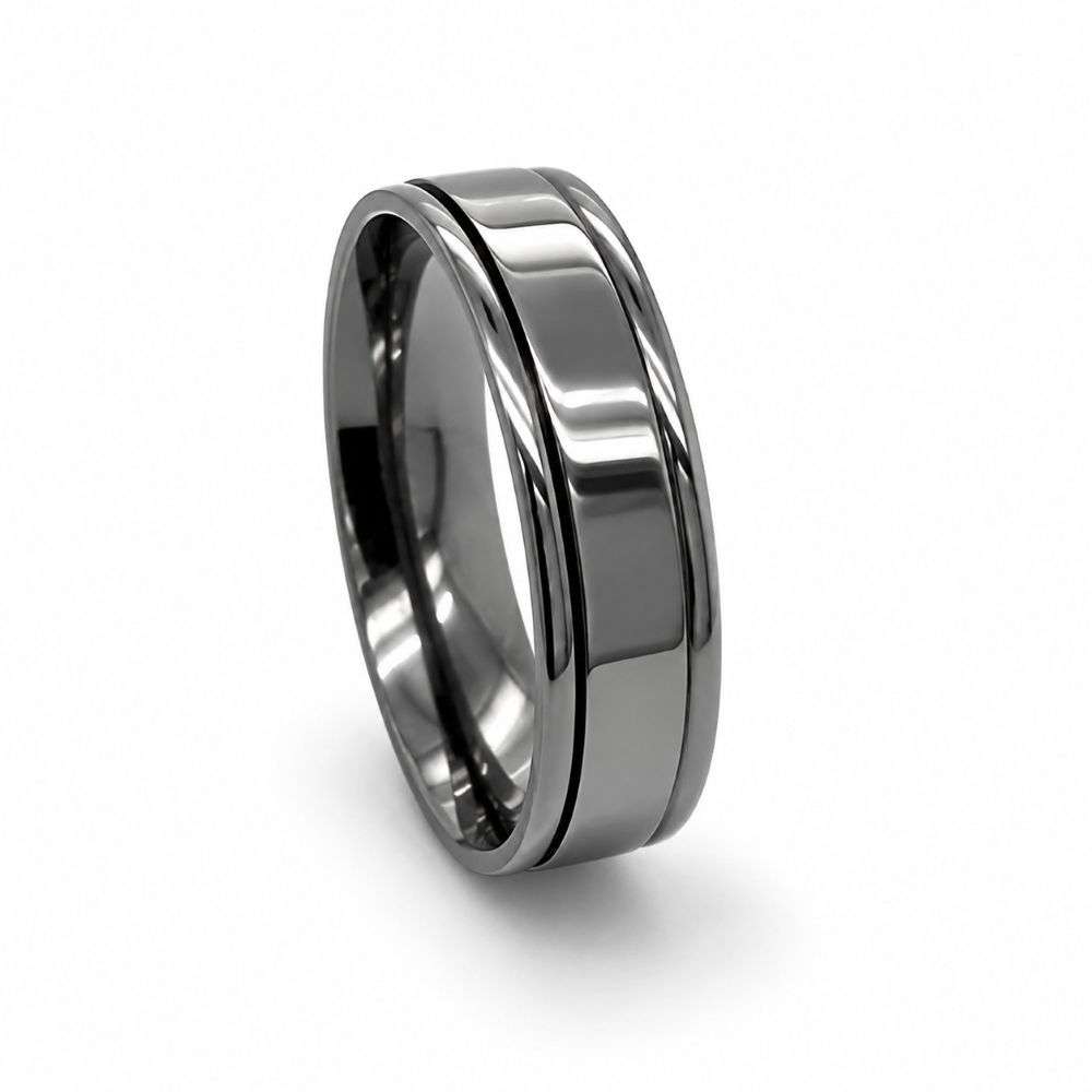 DC105BK-ARG-6mm Argentium Black 6mm Flat Court Lined Edge Wedding Ring Front Image