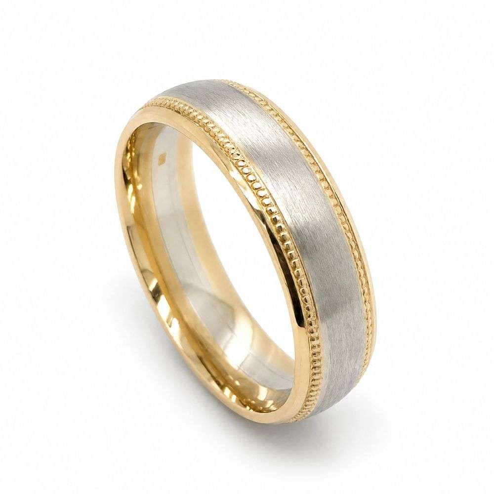 MC6P12GAG 9ct yellow gold beaded edge 6mm traditonal court wedding ring plain matt silver centre front image MC6P12GAG 9ct yellow gold beaded edge 6mm traditonal court wedding ring plain matt silver centre front image