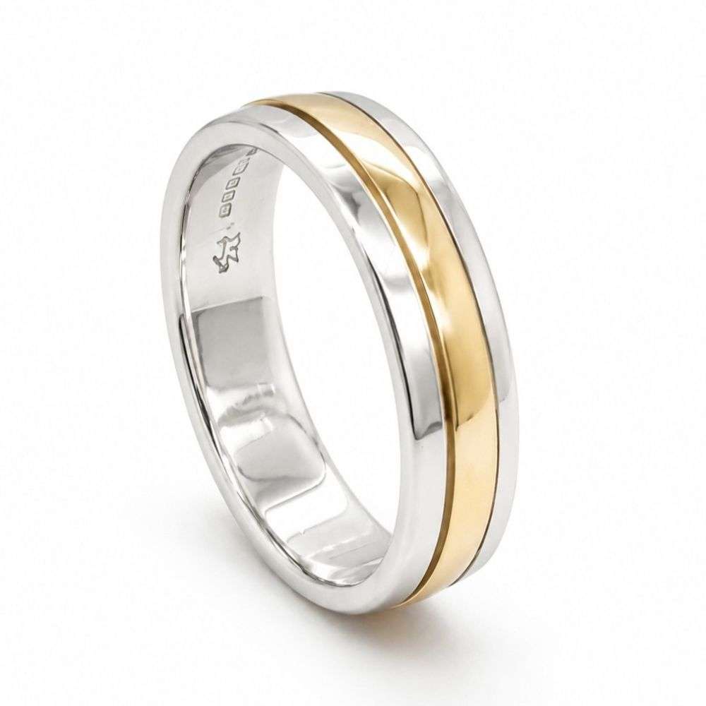 NC-5468R-5 Silver 5mm traditonal court wedding ring with 9ct yellow gold plain centre front image