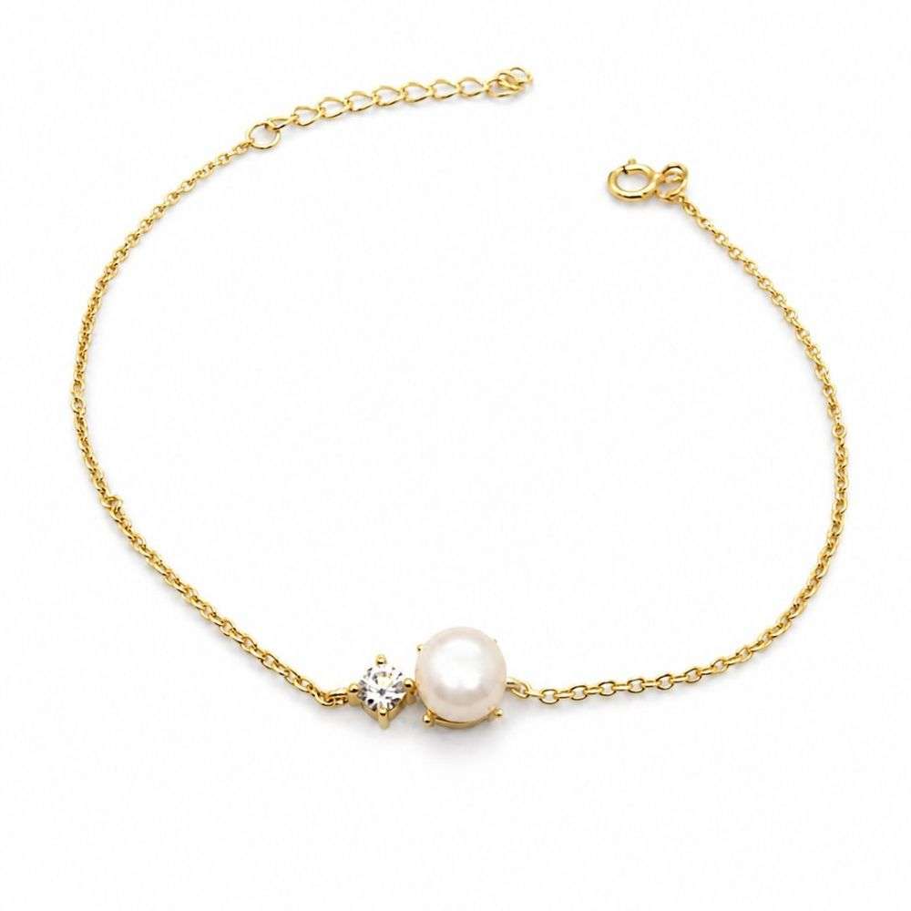 SBR021C Sterling silver gold pearl and cz link bracelet front image SBR021C Sterling silver gold pearl and cz link bracelet front image