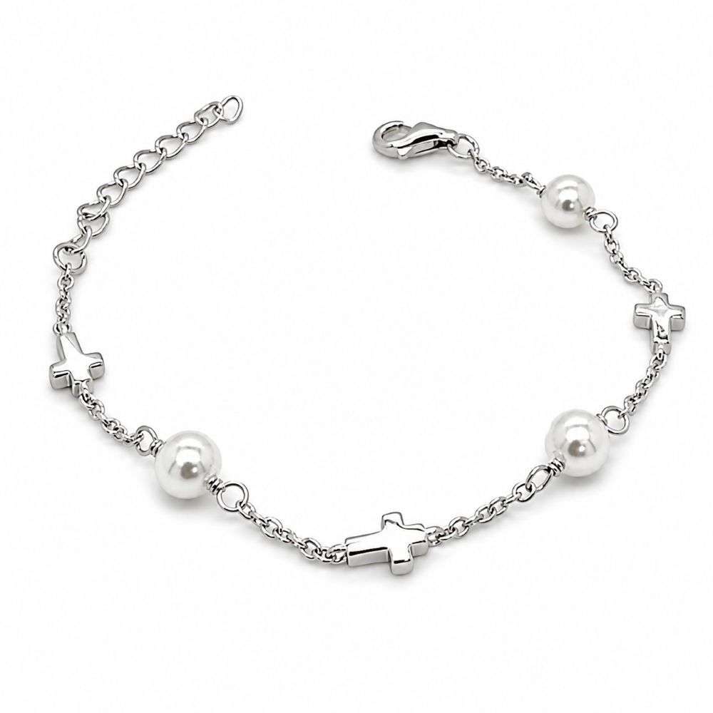 SBR046C Sterling silver pearl and cross charm station link bracelet front image