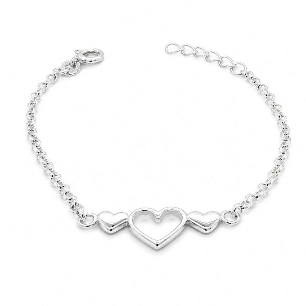 SBR109B Sterling silver kids triple heart charm bracelet front image SBR109B Sterling silver kids triple heart charm bracelet front image