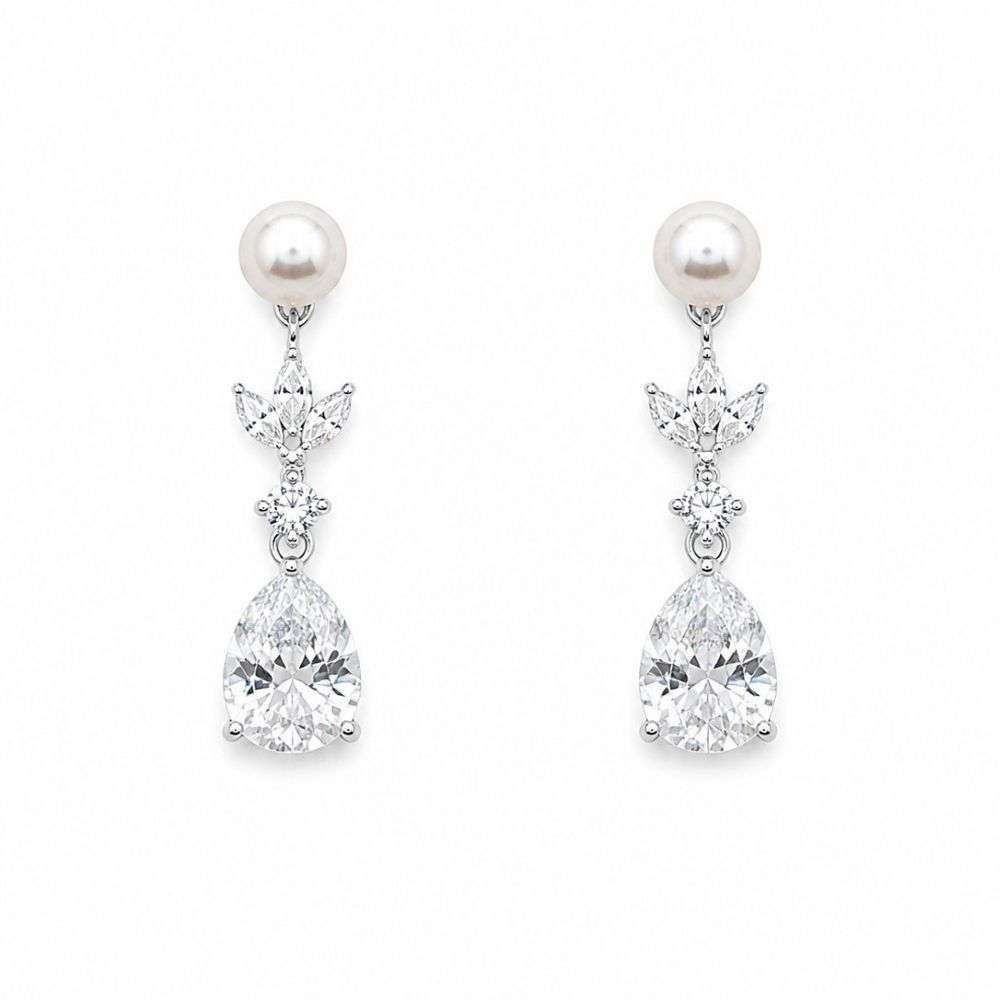 SE050E Sterling silver pearl and cz drop earrings front image SE050E Sterling silver pearl and cz drop earrings front image