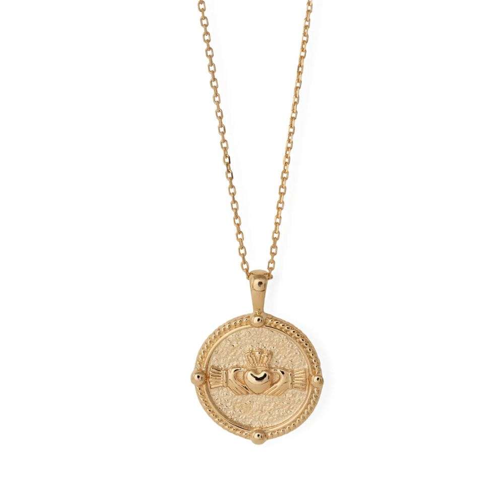 p1524-Burren-Jewellery-queen-of-hearts-18k-gold-plated-claddagh-disk-pendant-front-image