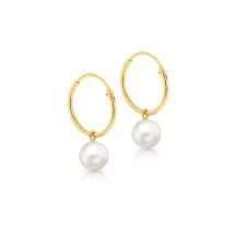 9ct Yellow Gold 6MM Fresh Water Pearl 13mm Hoop Earrings
