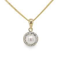 9ct Yellow Gold Freshwater Pearl CZ Halo Pendant
