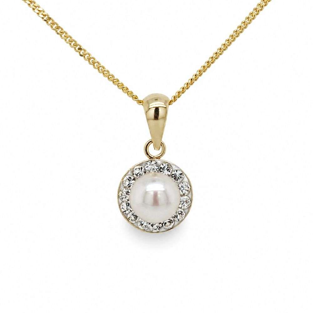 1.68.4269 9ct yellow gold pearl halo pendant and chain front image 1.68.4269 9ct yellow gold pearl halo pendant and chain front image