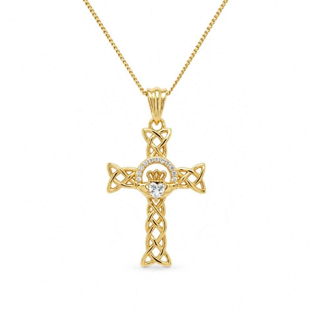 8.64.1794 Sterling Silver Gold Plated Celtic Claddagh Cross Front Image