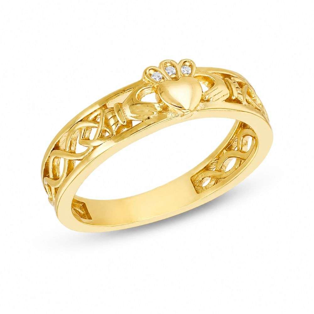 8.82.0199 Sterling Silver Gold Plated 1mm CZ Claddagh Band Ring standing image 8.82.0199 Sterling Silver Gold Plated 1mm CZ Claddagh Band Ring standing image