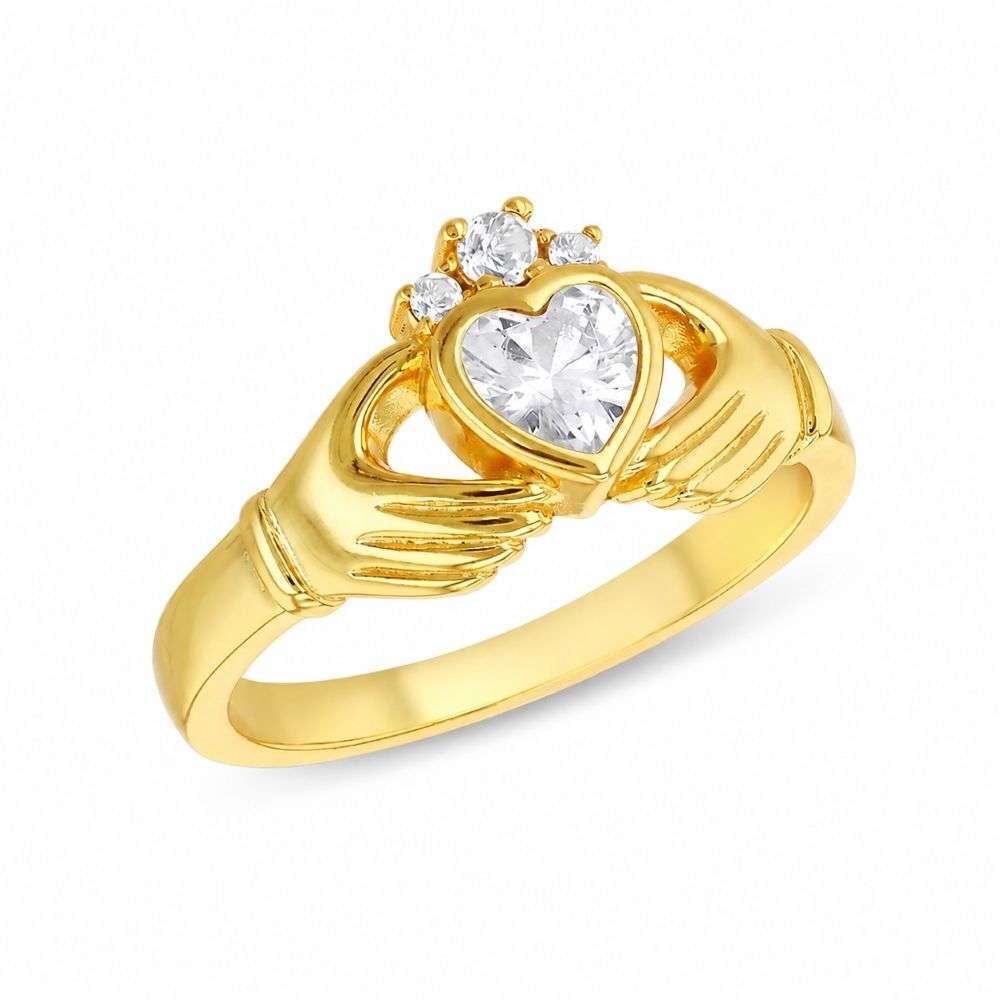 8.82.0219 Sterling Silver Gold Plated Claddagh CZ Set Ring Standing Image 8.82.0219 Sterling Silver Gold Plated Claddagh CZ Set Ring Standing Image