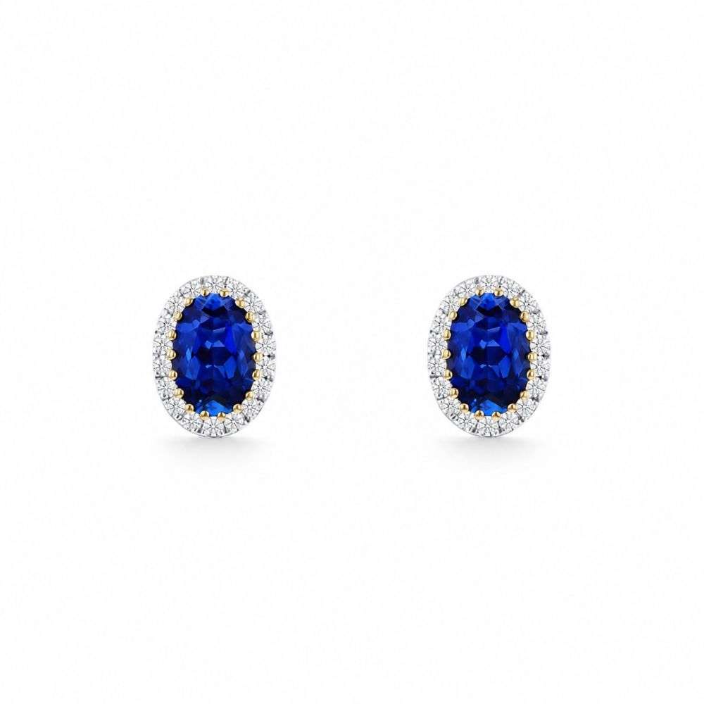 982577 9ct Yellow Gold 15 Lab Diamond And Sapphire Halo Stud Earrings Main Image