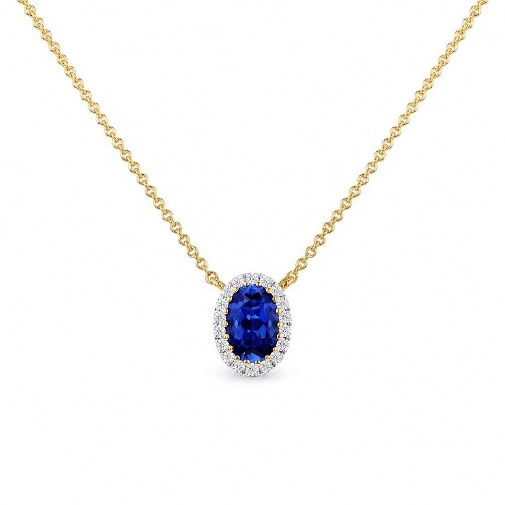 982582 9ct Yellow Gold 80pts Lab Diamond Sapphire Halo Necklace Main Image 982582 9ct Yellow Gold 80pts Lab Diamond Sapphire Halo Necklace Main Image