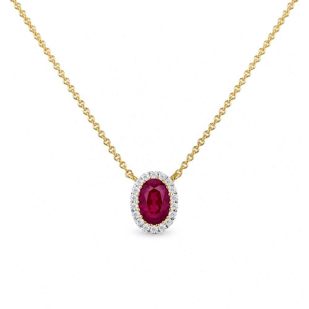 982583 9ct Yellow Gold 80pts Lab Diamond Ruby Halo Necklace Front Image