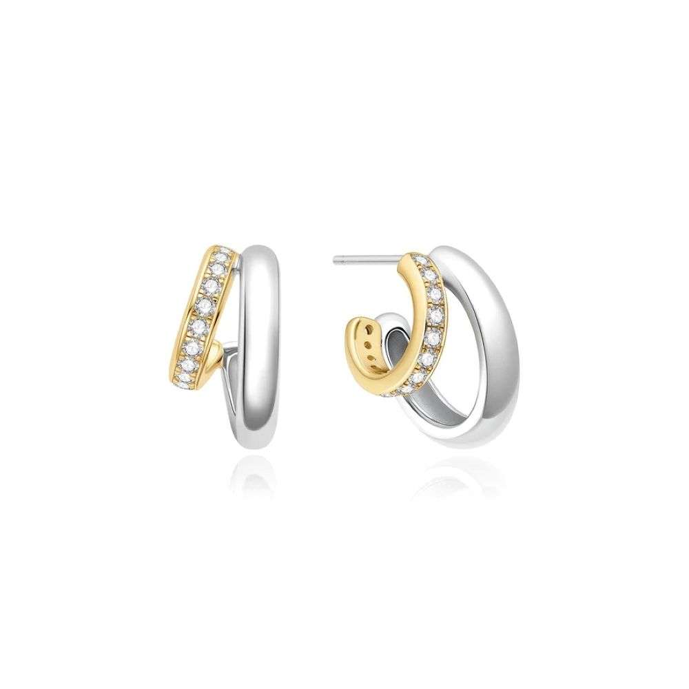 E072-05T Two-Tone Sparkling Stud Hoop Earrings side image