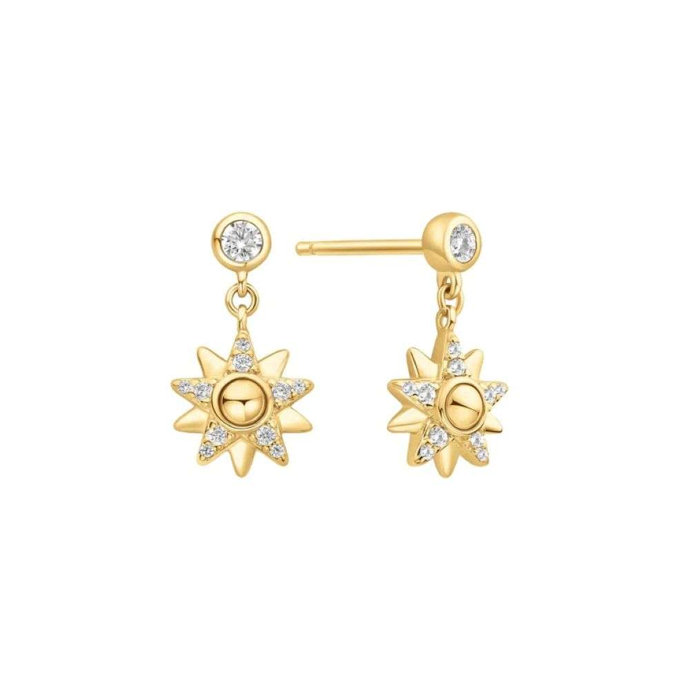 E074-02G Gold Sunburst Dangle Stud Earrings front image E074-02G Gold Sunburst Dangle Stud Earrings front image