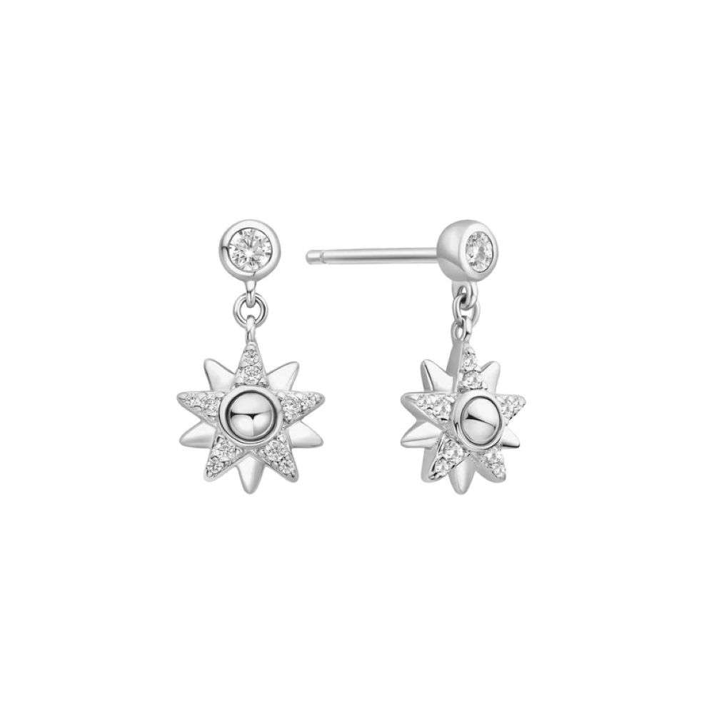 E074-02H Silver Sunburst Dangle Stud Earrings front image E074-02H Silver Sunburst Dangle Stud Earrings front image