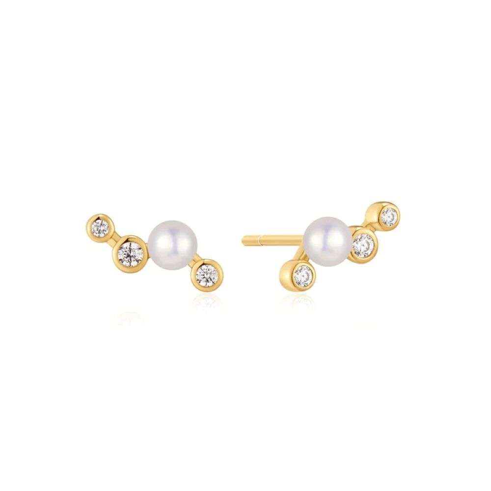 E074-11G Gold Zig-Zag Shell Pearl Stud Earrings front image E074-11G Gold Zig-Zag Shell Pearl Stud Earrings front image