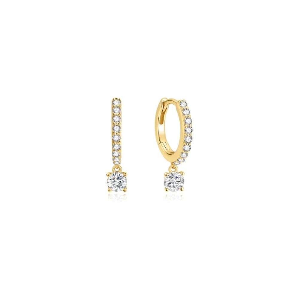 E075-09G Gold Dangling Sparkle Huggie Hoop Earrings front image E075-09G Gold Dangling Sparkle Huggie Hoop Earrings front image